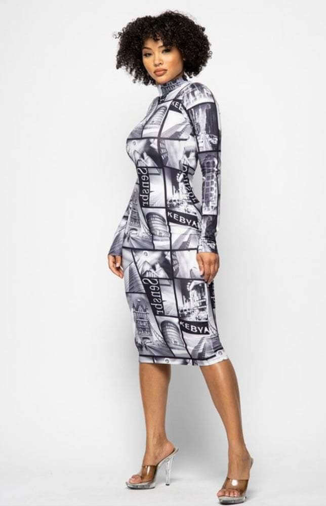Vintage Print Bodycon Dress - Klusiv LLC