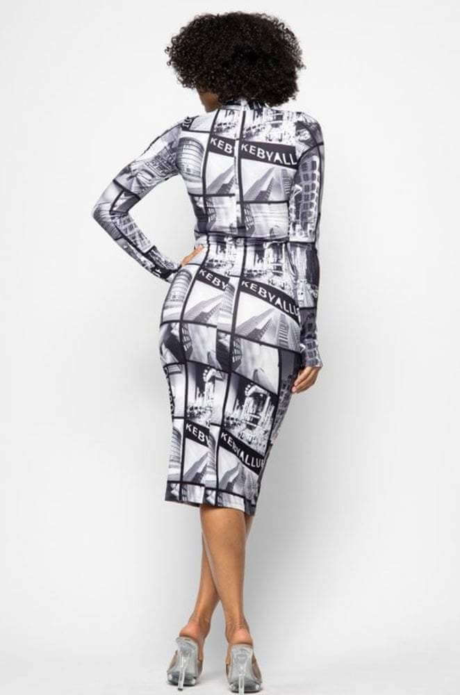 Vintage Print Bodycon Dress - Klusiv LLC
