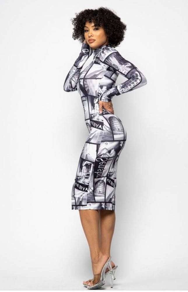 Vintage Print Bodycon Dress - Klusiv LLC