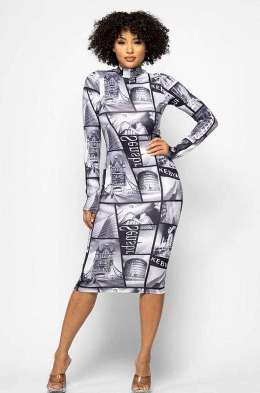 Vintage Print Bodycon Dress - Klusiv LLC