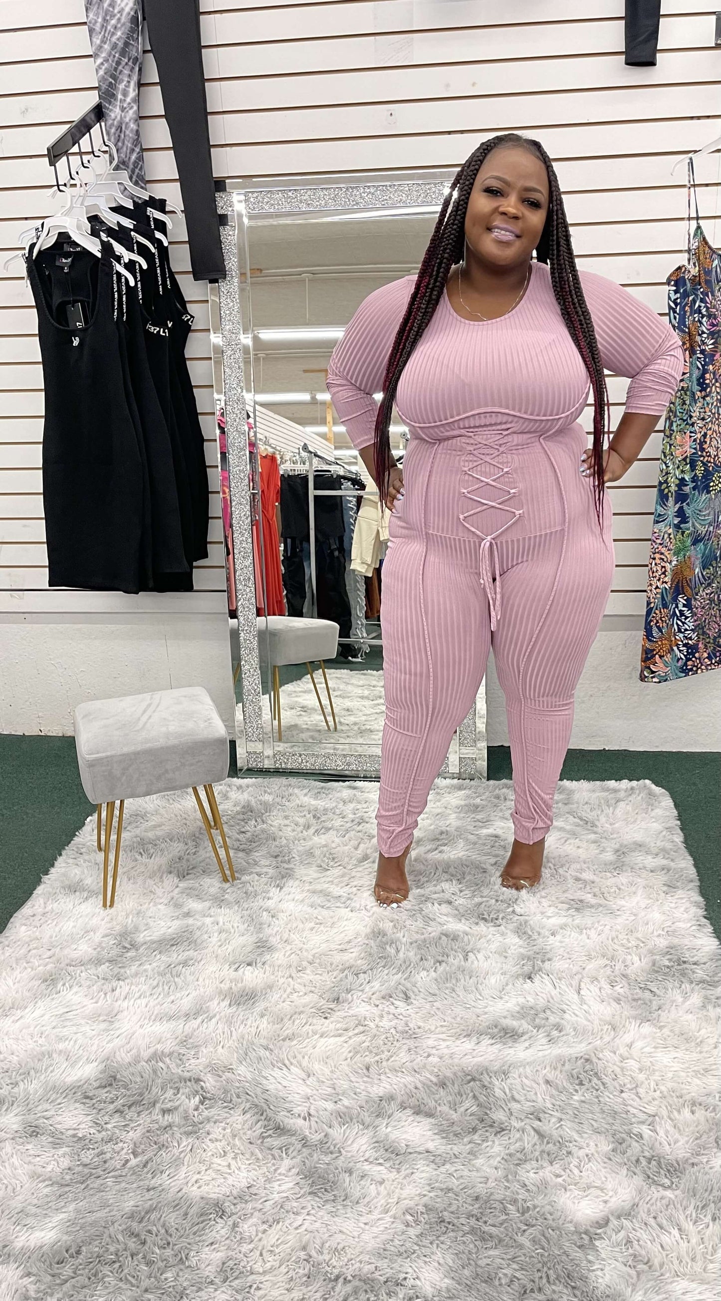 Plus Solid Contrast Overlock Jumpsuit - Klusiv LLC