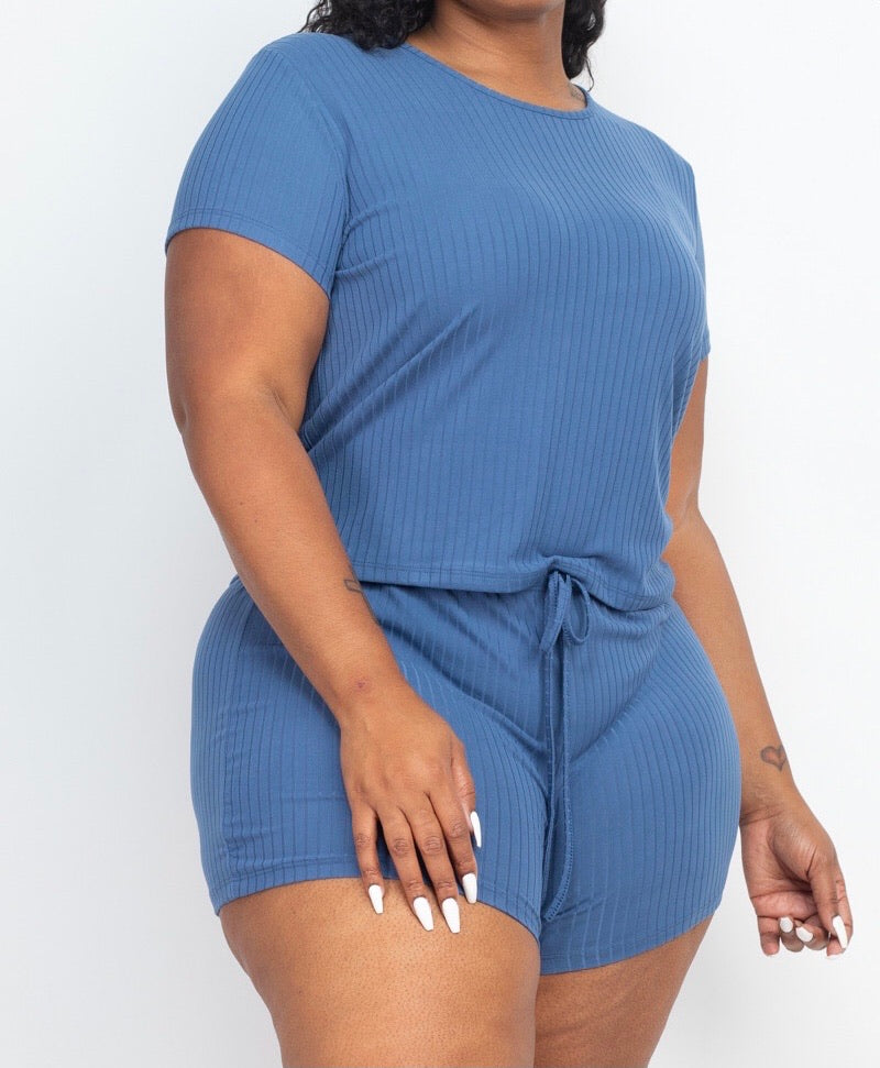 Plus Size Ribbed Knit Short Set - Klusiv LLC